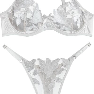 Satin Mesh Floral Sheer Embroidered Underwire Lingerie Set