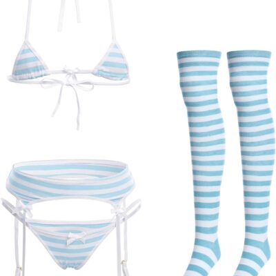Cute Anime Lingerie Set Halter Strap Bra Panty Garter Belt Stockings