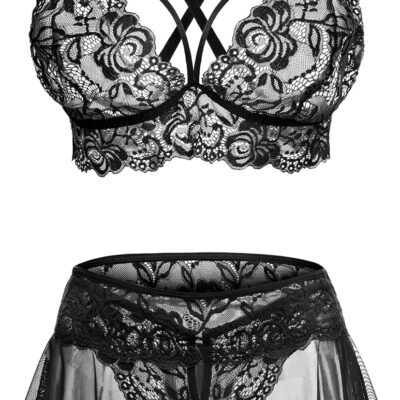 Three Piece Lace Bralette Mini Skirt G String Lingerie Outfit