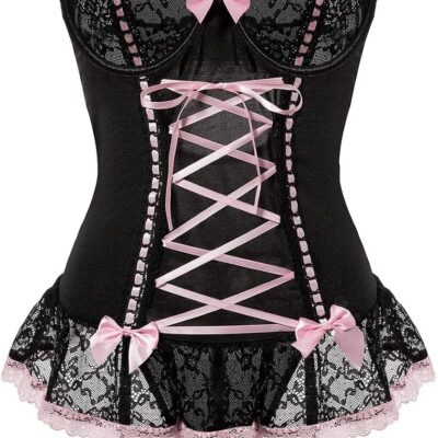 Mesh Corset Ruffle Lace Up Underwire Garter Belt Babydoll Set